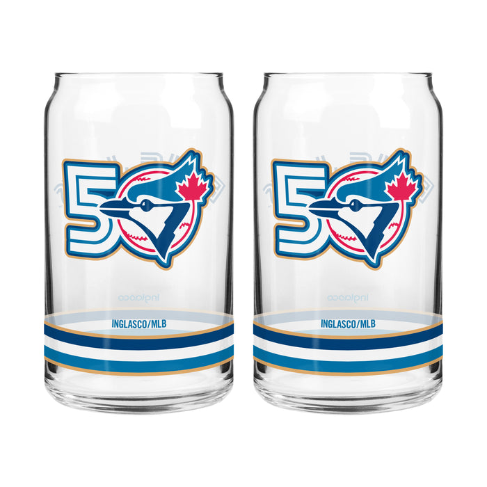 MLB Toronto Blue Jays 50th Season pair of clear can-shaped glasses with anniversary crest and stripe band