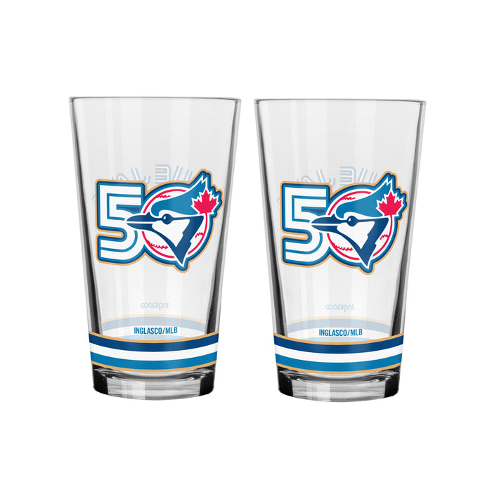 MLB Toronto Blue Jays 50th Season pair of clear pint mixing glasses with 50 anniversary crest and stripes