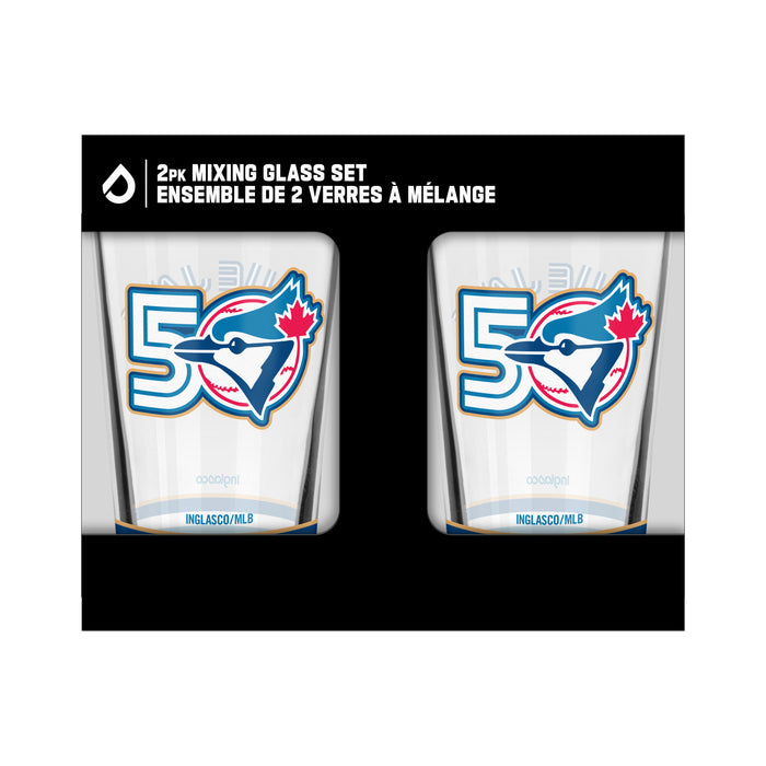 MLB Toronto Blue Jays 50th Season two-pack mixing pint glass set in bilingual black retail packaging