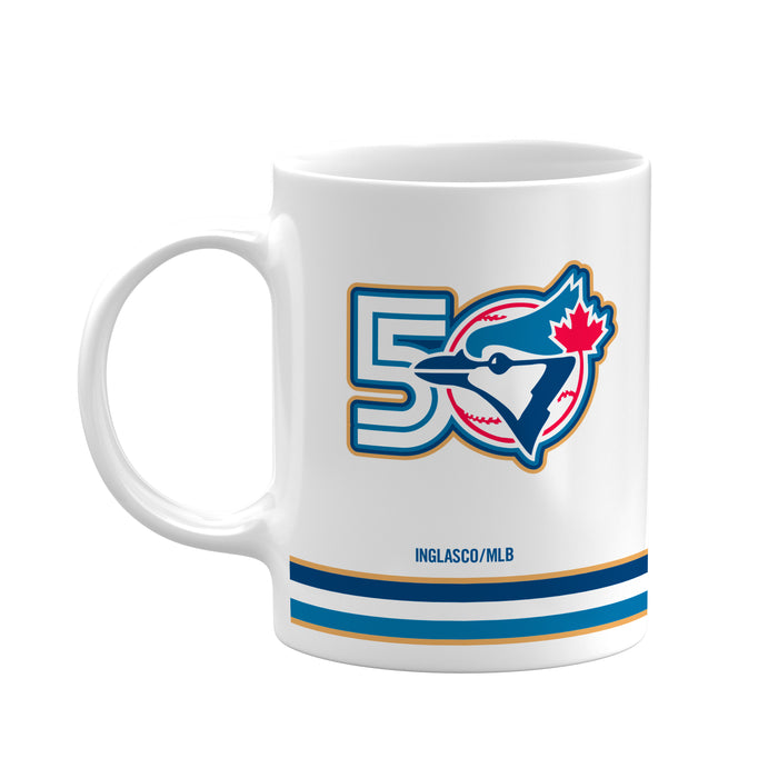 MLB Toronto Blue Jays 50th Season white ceramic mug front view with full color anniversary crest and stripe band