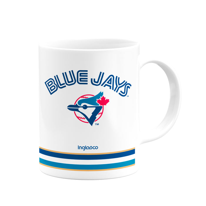 MLB Toronto Blue Jays white ceramic mug with arched wordmark and retro bird crest above stripe band