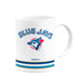 MLB Toronto Blue Jays white ceramic mug with arched wordmark and retro bird crest above stripe band