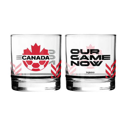 Canada Soccer Our Game Now two-pack 10 oz rocks glasses with red maple leaf crest and chevrons