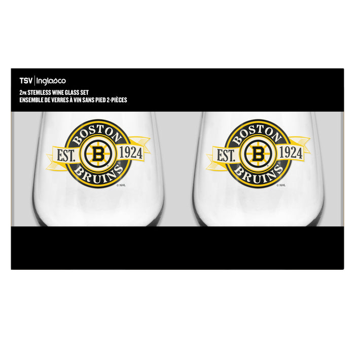 NHL Boston Bruins 19 Oz 2 Wine Glass Stemless Collection Pack Banner Design