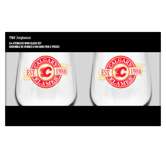 NHL Calgary Flames 19 Oz 2 Wine Glass Stemless Collection Pack Banner Design