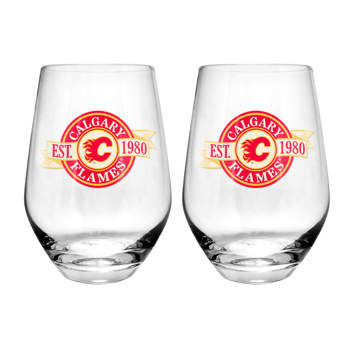 NHL Calgary Flames 19 Oz 2 Wine Glass Stemless Collection Pack Banner Design