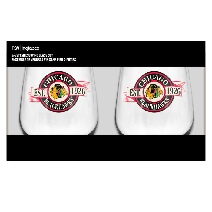 NHL Chicago Blackhawks 19 Oz 2 Wine Glass Stemless Collection Pack Banner Design