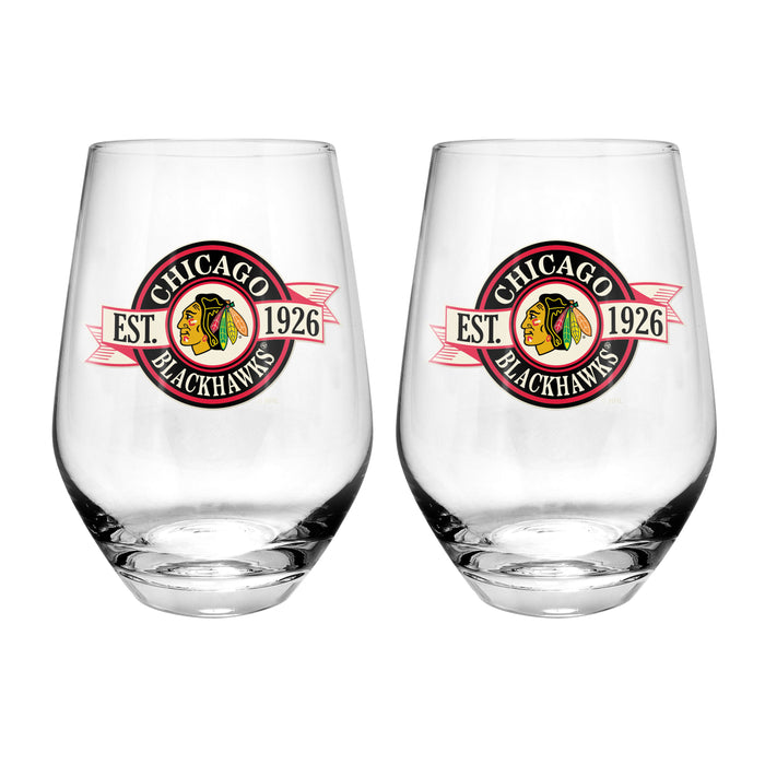 NHL Chicago Blackhawks 19 Oz 2 Wine Glass Stemless Collection Pack Banner Design