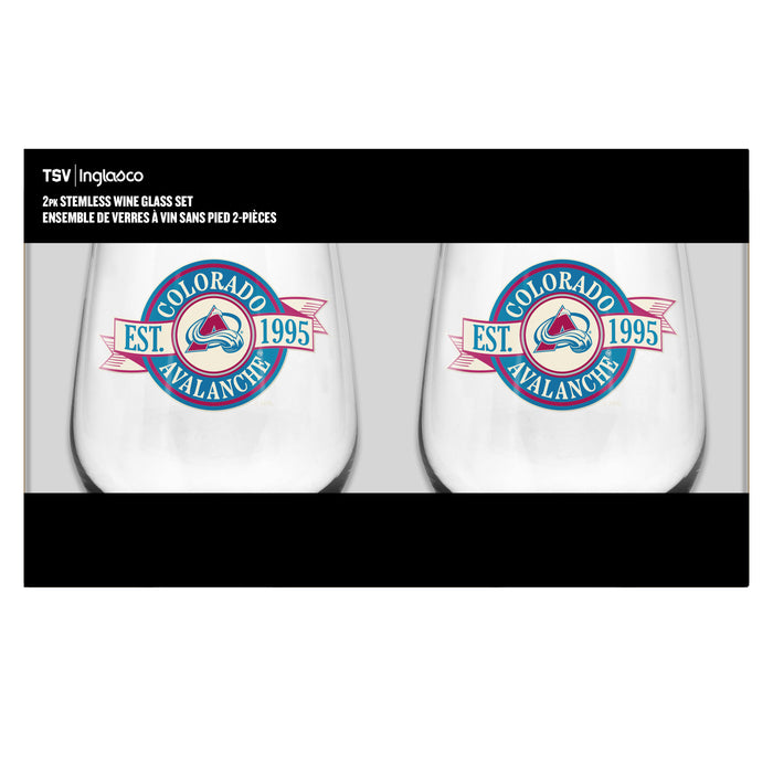 NHL Colorado Avalanche 19 Oz 2 Wine Glass Stemless Collection Pack Banner Design