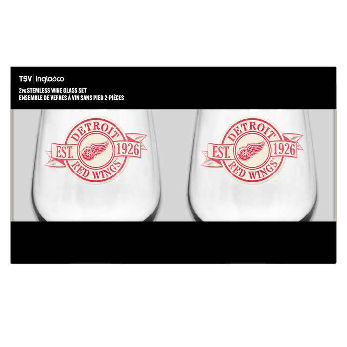 NHL Detroit red Wings 19 Oz 2 Wine Glass Stemless Collection Pack Banner Design