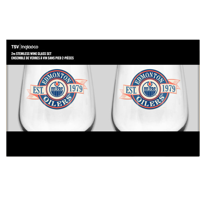 NHL Edmonton Oilers 19 Oz 2 Wine Glass Stemless Collection Pack Banner Design