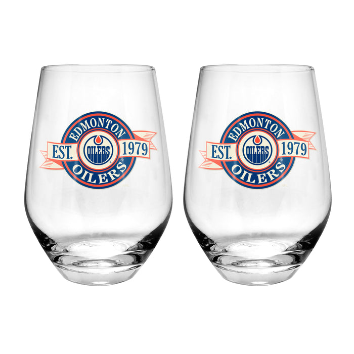 NHL Edmonton Oilers 19 Oz 2 Wine Glass Stemless Collection Pack Banner Design