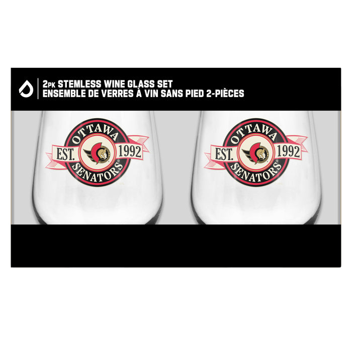 NHL Ottawa Senators 19 Oz 2 Wine Glass Stemless Collection Pack Banner Design