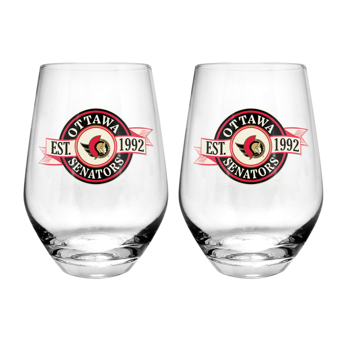 NHL Ottawa Senators 19 Oz 2 Wine Glass Stemless Collection Pack Banner Design