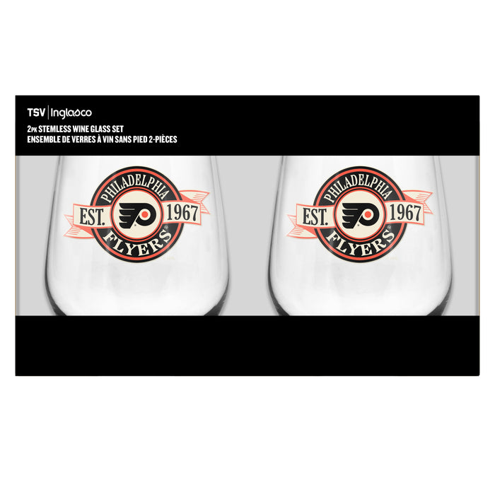 NHL Philadelphia Flyers 19 Oz 2 Wine Glass Stemless Collection Pack Banner Design