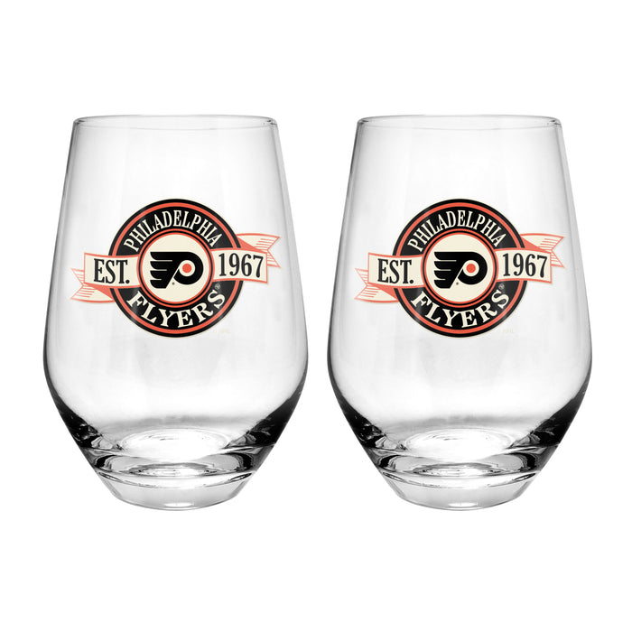NHL Philadelphia Flyers 19 Oz 2 Wine Glass Stemless Collection Pack Banner Design