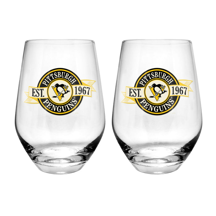 NHL Pittsburgh Penguins 19 Oz 2 Wine Glass Stemless Collection Pack Banner Design