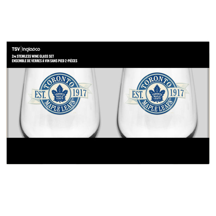 NHL Toronto Maple Leafs 19 Oz 2 Wine Glass Stemless Collection Pack Banner Design