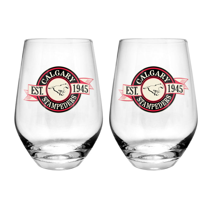 CFL Calgary Stampeders 19 Oz 2 Wine Glass Stemless Collection Pack Banner Design