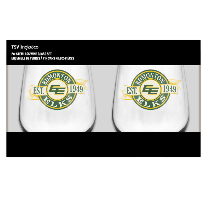 CFL Edmonton Elks 19 Oz 2 Wine Glass Stemless Collection Pack Banner Design