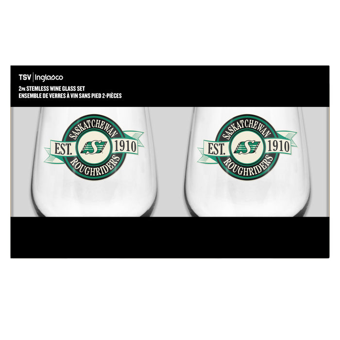 CFL Saskatchewan Roughriders 19 Oz 2 Wine Glass Stemless Collection Pack Banner Design
