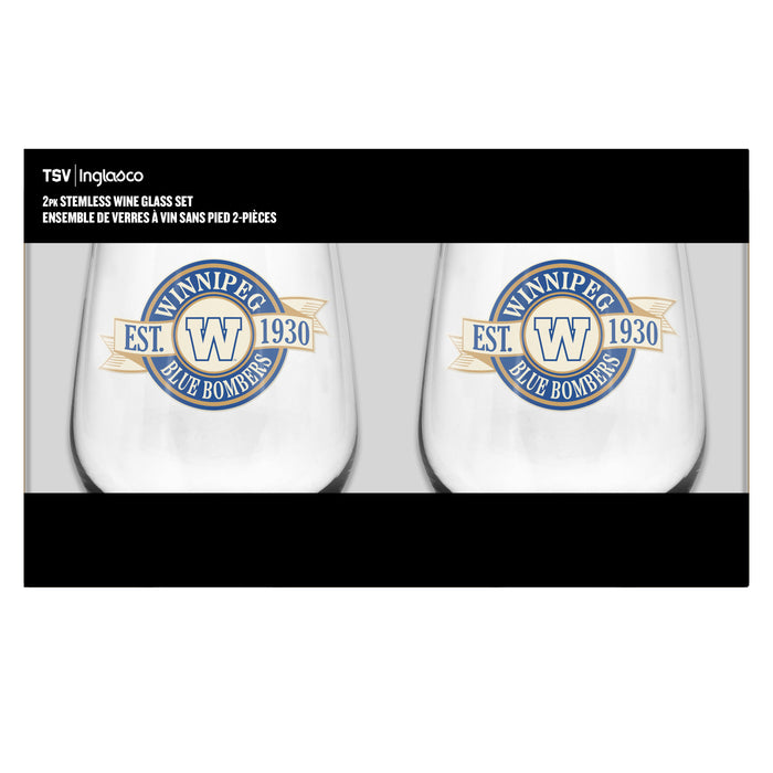 CFL Winnipeg Blue Bombers 19 Oz 2 Wine Glass Stemless Collection Pack Banner Design