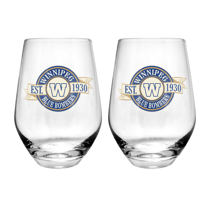 CFL Winnipeg Blue Bombers 19 Oz 2 Wine Glass Stemless Collection Pack Banner Design