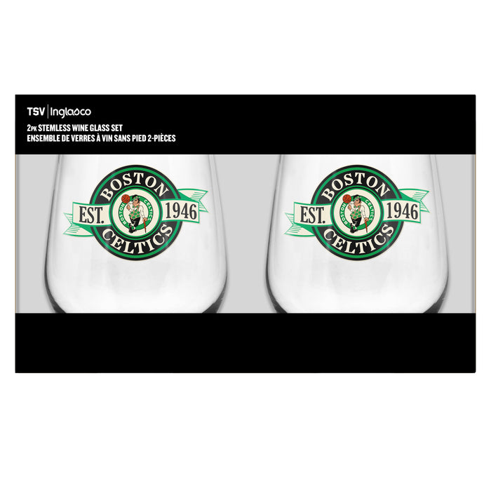 NBA Boston Celtics 19 Oz 2 Wine Glass Stemless Collection Pack Banner Design
