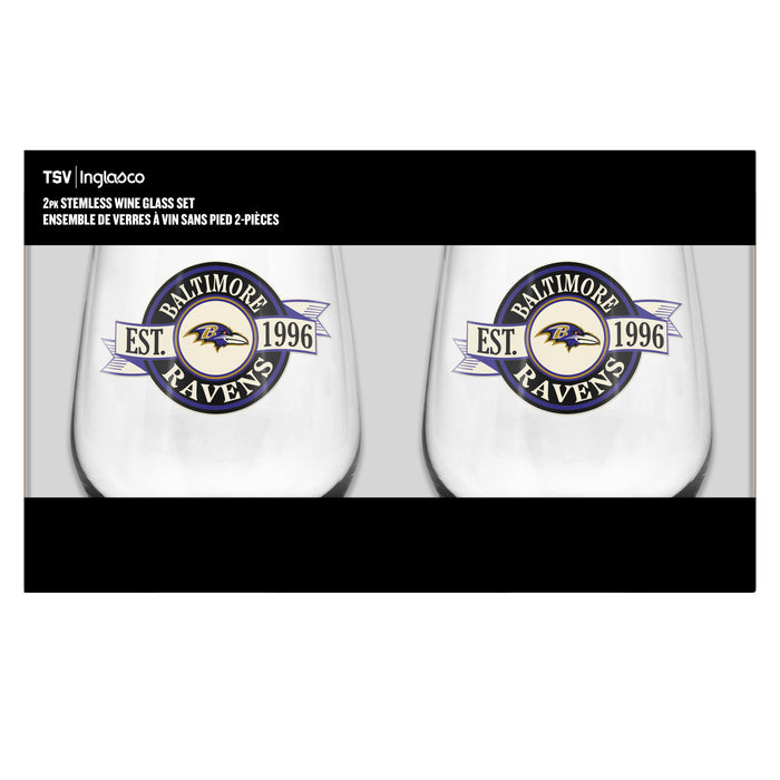 NFL Baltimore Ravens 19 Oz 2 Wine Glass Stemless Collection Pack Banner Design