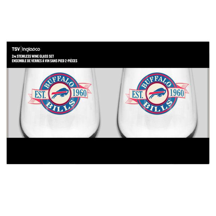 NFL Bullafo Bills 19 Oz 2 Wine Glass Stemless Collection Pack Banner Design