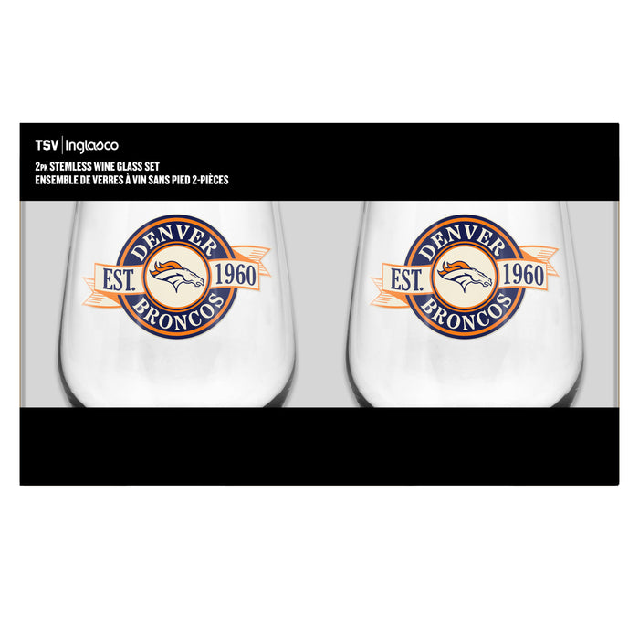 NFL Denver Broncos 19 Oz 2 Wine Glass Stemless Collection Pack Banner Design