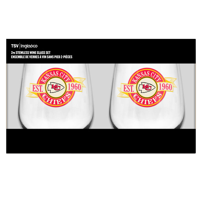NFL Kansas City Chiefs 19 Oz 2 Wine Glass Stemless Collection Pack Banner Design