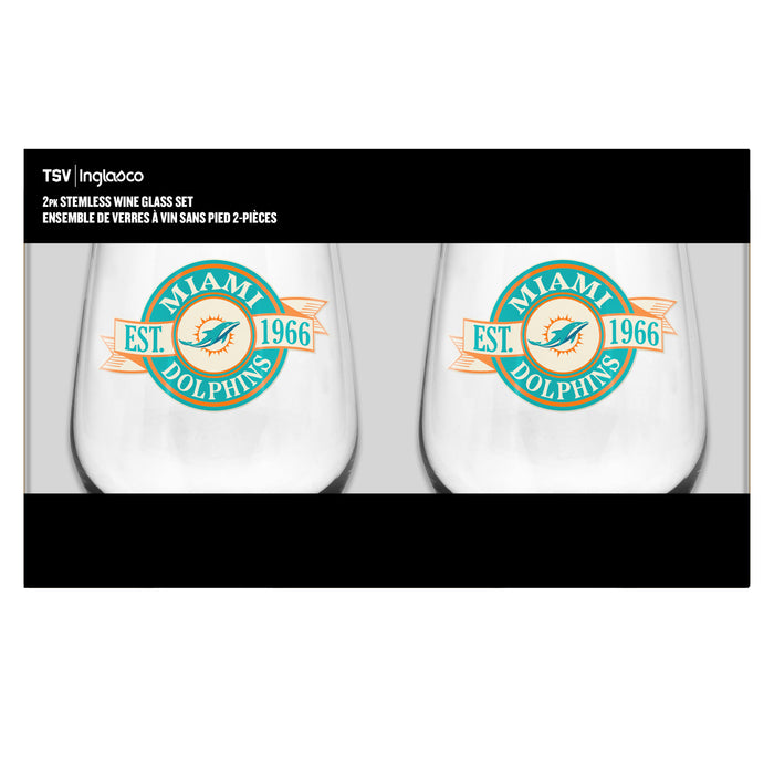 NFL Miami Dolphins 19 Oz 2 Wine Glass Stemless Collection Pack Banner Design