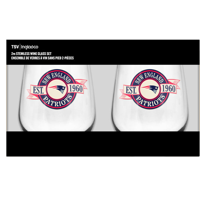 NFL New England Patriots 19 Oz 2 Wine Glass Stemless Collection Pack Banner Design