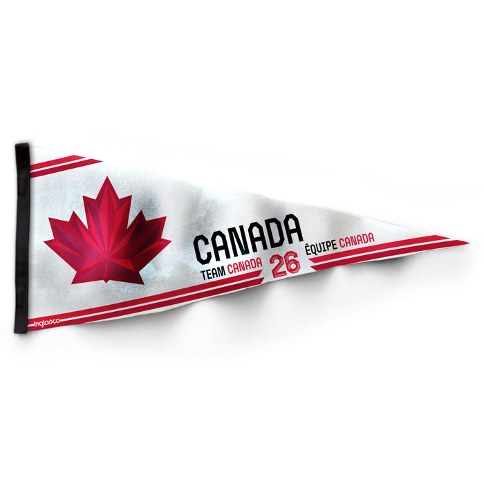 Hockey Canada Team Canada 2026 Olympic collector pennant in silver with red maple leaf, 26 jersey number and Équipe Canada
