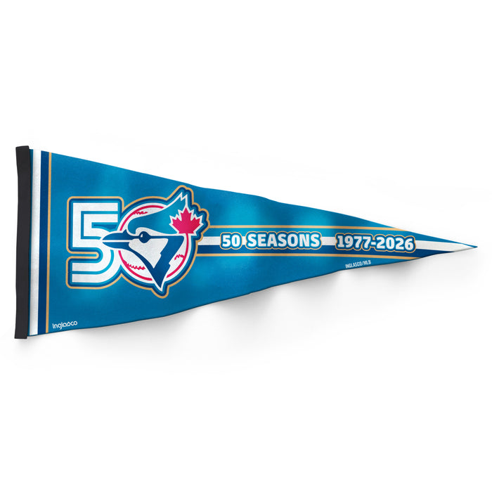 MLB Toronto Blue Jays roll-up felt pennant angled view showing 1977-2026 50 Seasons graphic