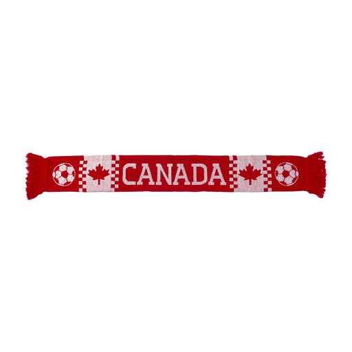 Canada Soccer red and white knit team scarf with maple leafs, soccer balls and CANADA wordmark