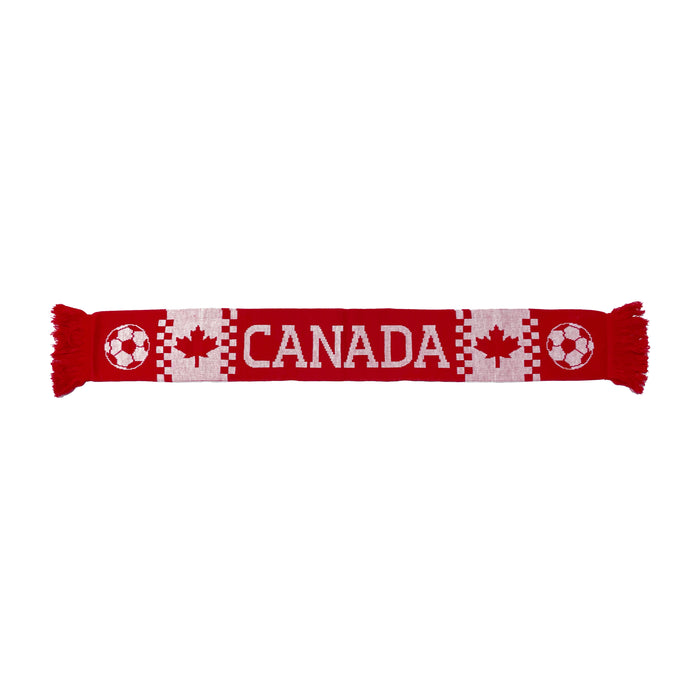 Canada Soccer red and white knit team scarf with maple leafs, soccer balls and CANADA wordmark
