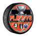 Anaheim Ducks vs Edmonton Oilers NHL 2026 Stanley Cup Playoffs Round One dueling puck with orange and navy split background