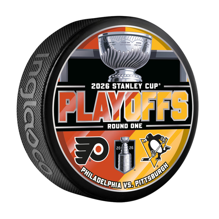 Philadelphia Flyers vs Pittsburgh Penguins NHL 2026 Stanley Cup Playoffs Round One dueling puck with orange and gold split background