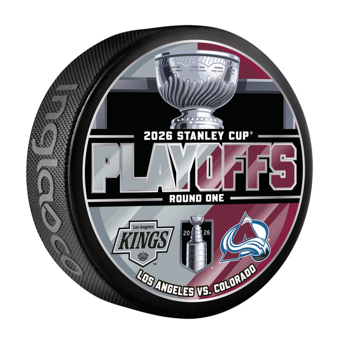 LA Kings vs Colorado Avalanche NHL 2026 Stanley Cup Playoffs Round One dueling puck with black and burgundy split background