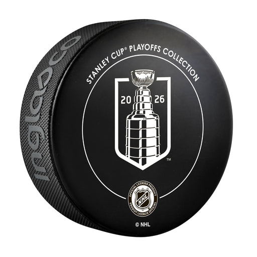 Black NHL Stanley Cup Playoffs Collection souvenir puck back with white 2026 Cup crest and licensed product seal