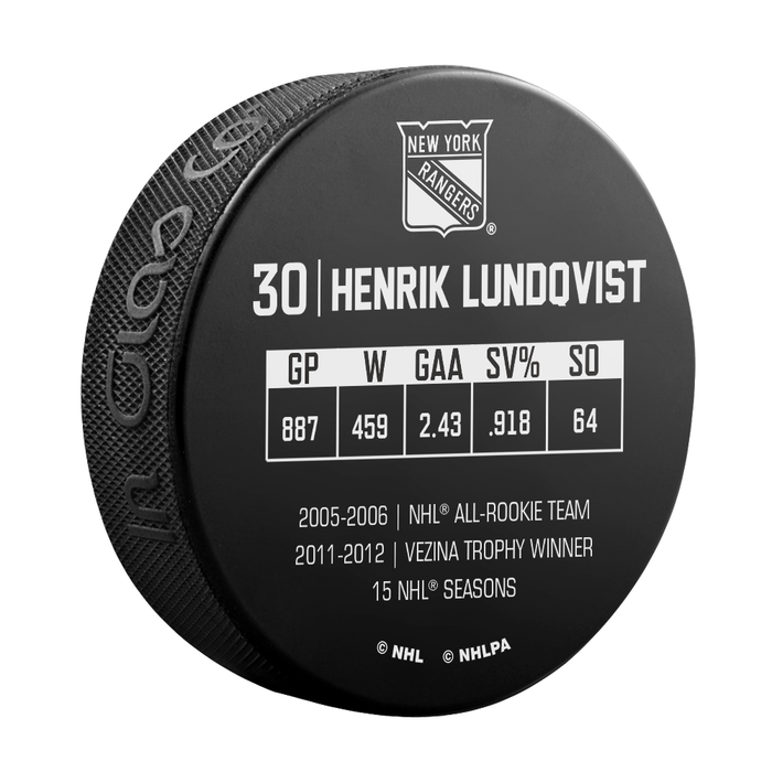 NHLPA Henrik Lundqvist # 30 New York Rangers 2021 Retraite Souvenir Rondelle- en Cube