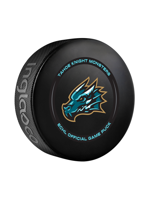 Rondelle de hockey officielle ECHL Tahoe Knight Monsters 2024-25 dans un cube