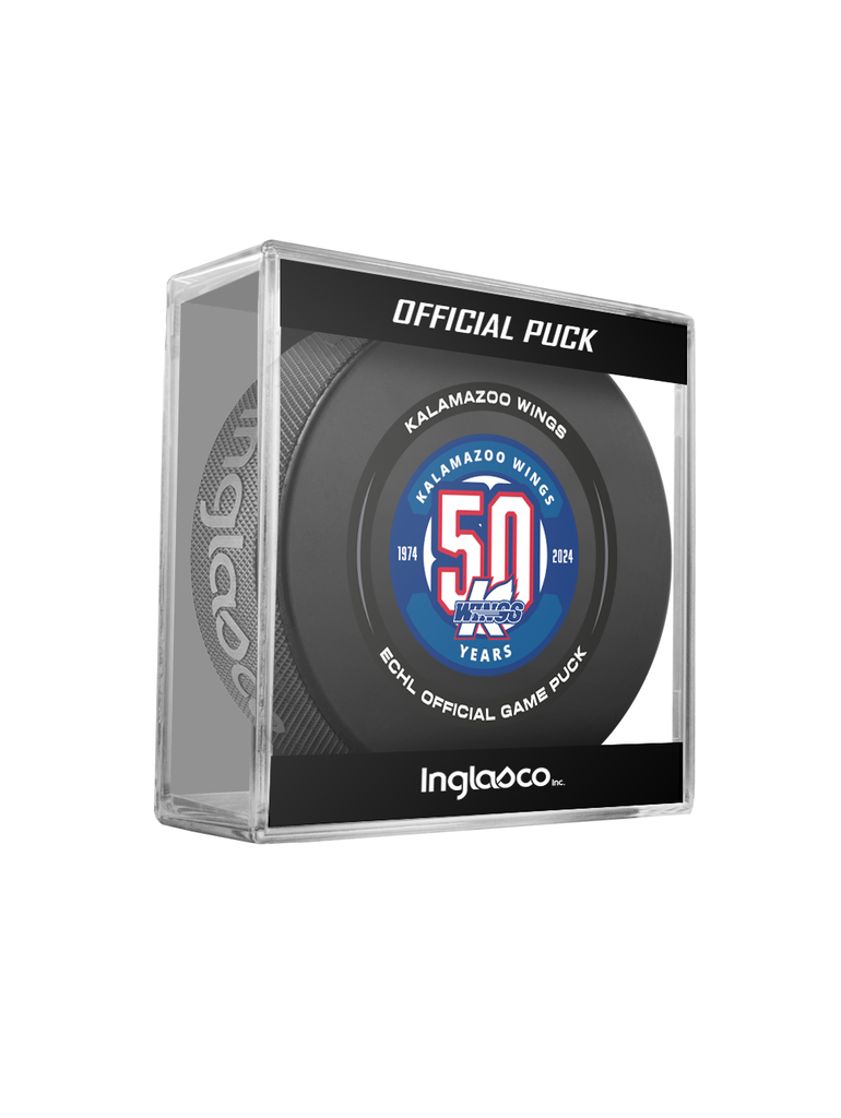 ECHL Kalamazoo Wings 50 Years 2024-25 Official Game Hockey Puck In Cube