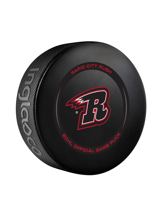 Rondelle de hockey officielle du match Rapid City Rush 2024-25 de l'ECHL dans un cube