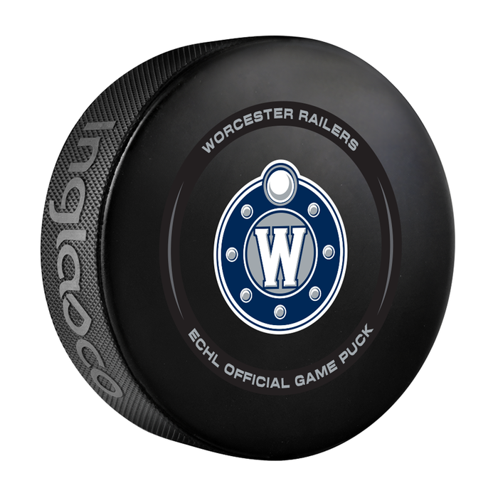 Rondelle de hockey officielle des Worcester Railers de l'ECHL 2024-25 dans un cube