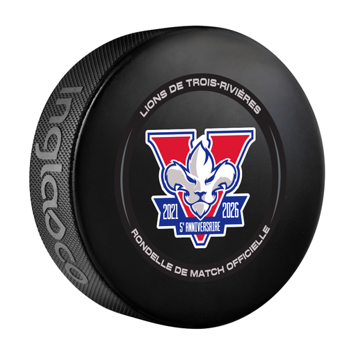 Lions de Trois-Rivieres black ECHL official game puck with red, white and blue V crest 5e Anniversaire 2021-2026 lion logo