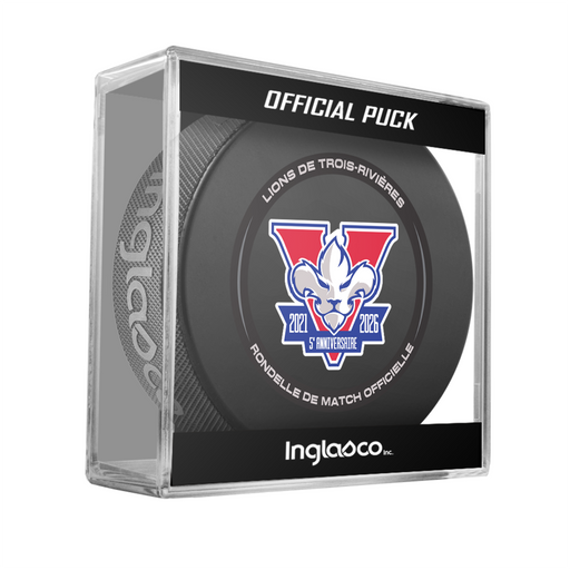 Trois-Rivieres Lions 5th anniversary ECHL official game puck displayed in Official Puck cube with red, white and blue lion logo
