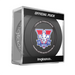 Trois-Rivieres Lions 5th anniversary ECHL official game puck displayed in Official Puck cube with red, white and blue lion logo